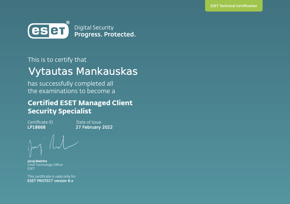 Vytautas Mankauskas certificate
