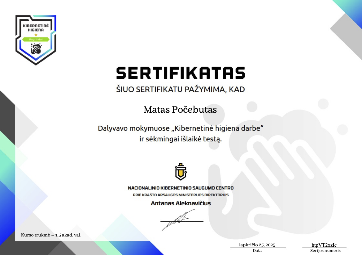 Matas Počebutas certificate