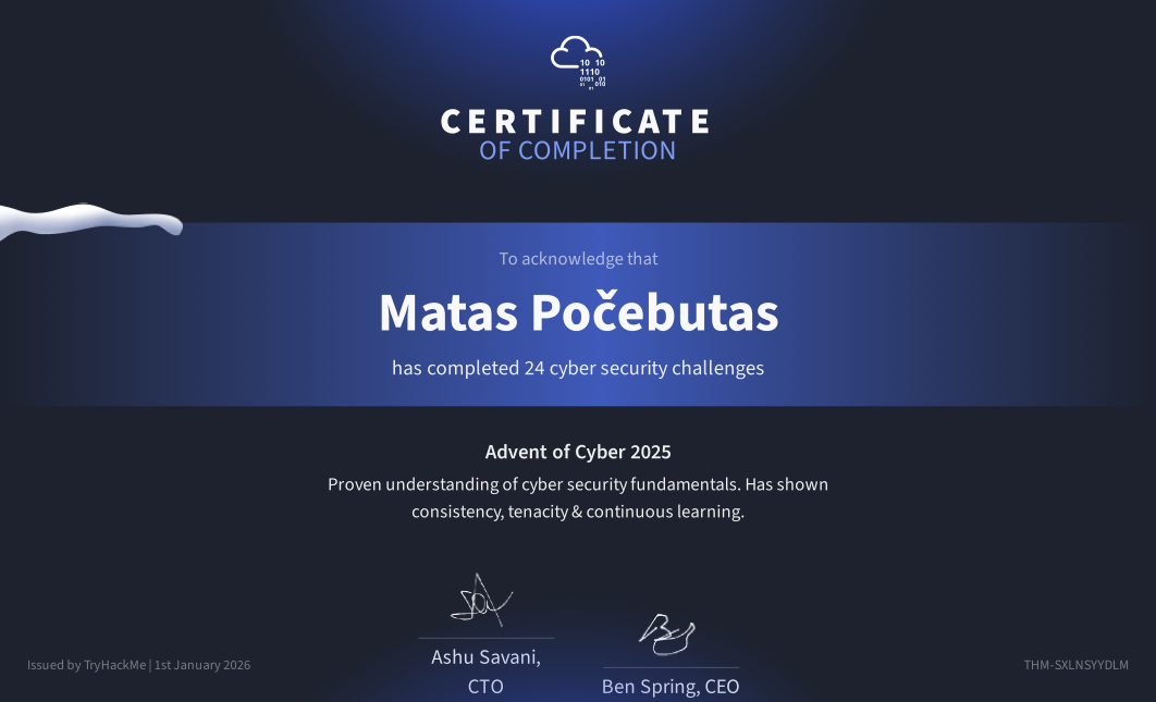 Matas Počebutas certificate