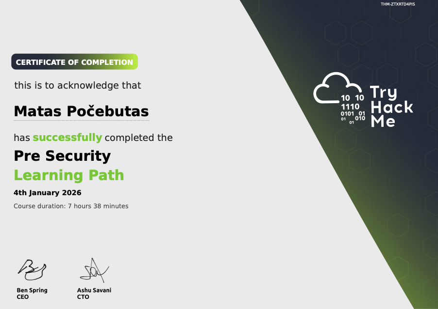 Matas Počebutas certificate
