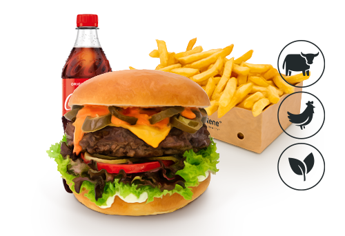 Chili Cheese Burger mit Classic Pommes Chili Cheese Burger mit Classic Pommes