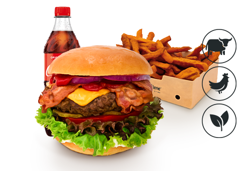 Bacon-Cheese Burger mit Süßkartoffel Pommes Bacon-Cheese Burger mit Süßkartoffel Pommes