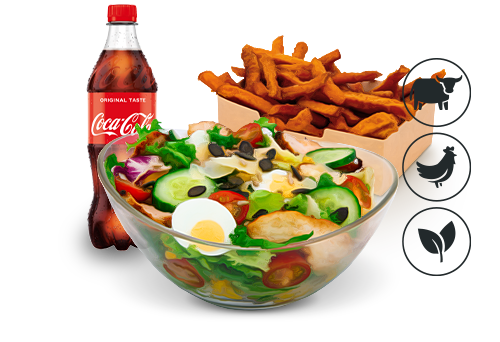 Cool Caesar Salat mit Süßkartoffel Pommes Cool Caesar Salat mit Süßkartoffel Pommes