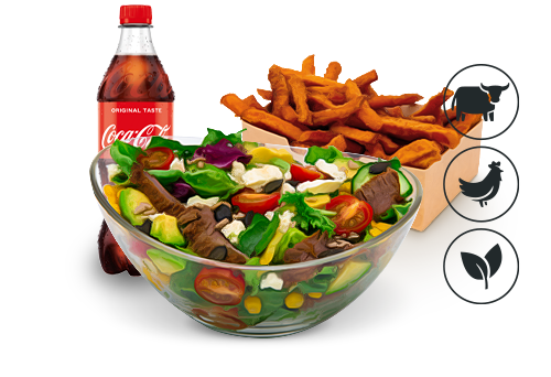Better Beef Salat mit Süßkartoffel Pommes Better Beef Salat mit Süßkartoffel Pommes