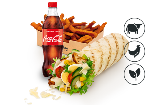 Caesars Champion Wrap mit Süßkartoffel Pommes Caesars Champion Wrap mit Süßkartoffel Pommes