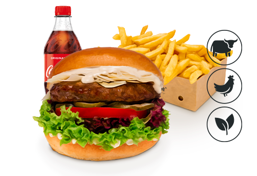 Caesars Burger mit Classic Pommes . Caesars Burger mit Classic Pommes .