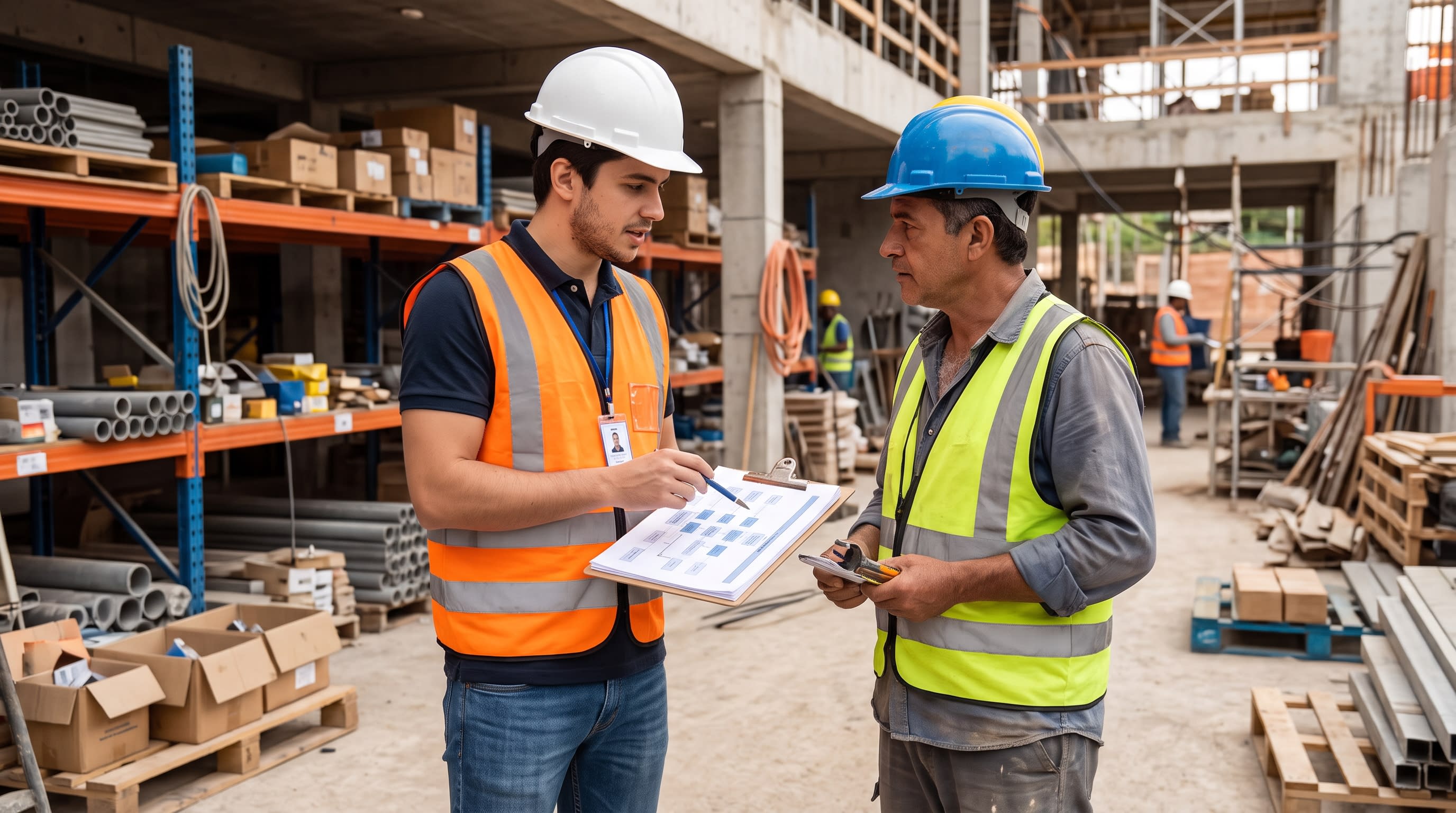 Consultor analisando processos operacionais em canteiro de obras