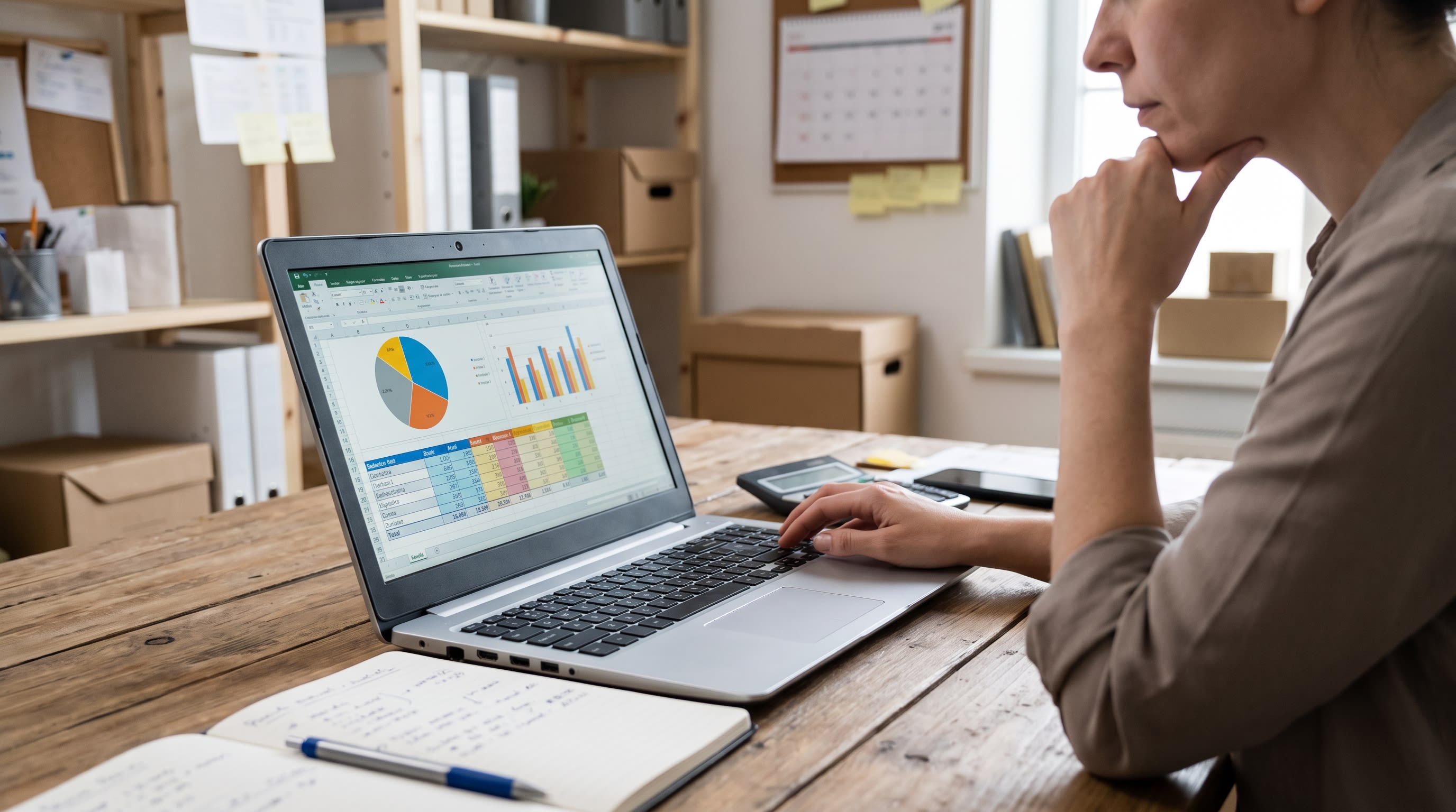 Gráficos simples de pesquisa de mercado em uma planilha aberta no notebook