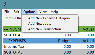 Budget Planner options menu.