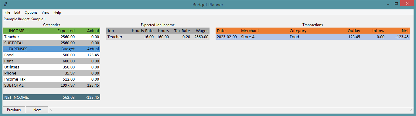 Budget Planner sample budget.