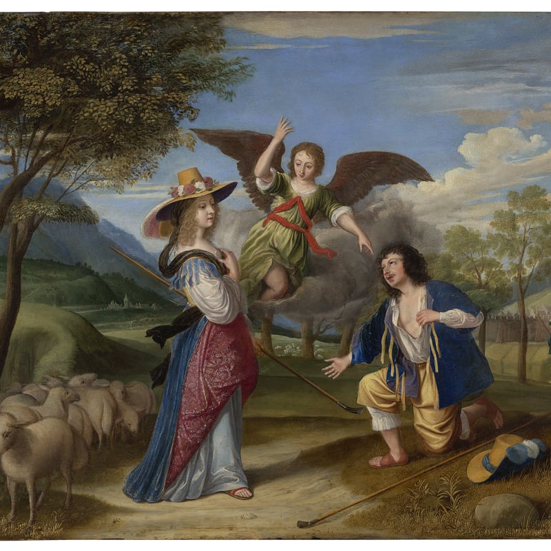 Das Gemälde zeigt drei Personen in einer Landschaft. Links im Bild ist eine Herde Schafe zu sehen, im Hintergrund sieht man Bäume, Berge und in dern Ferne den blauen Himmel mit einigen Wolken. Die drei Personen im Zentrum sind links eine Frau mit langen Haaren, einem Kleid und einem Hut, in der Mitte eine fliegende Person mit Flügeln, die mit der linken Hand auf die Person rechts und mit der rechten Hand in den Himmel  zeigt. Rechts im Zentrum ist ein Mann abgebildet, der niederkniet und die fliegende Person anschaut.