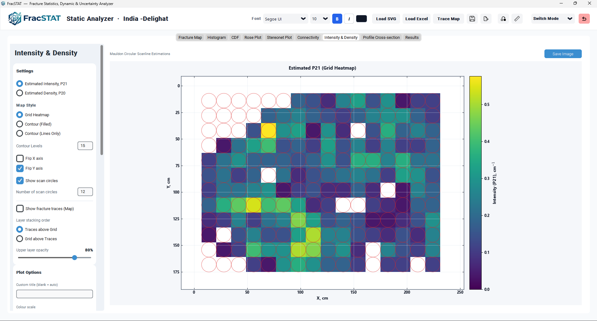 Example heatmap rendering of P21 intensity across a mapped fracture network with scan circles overlaid