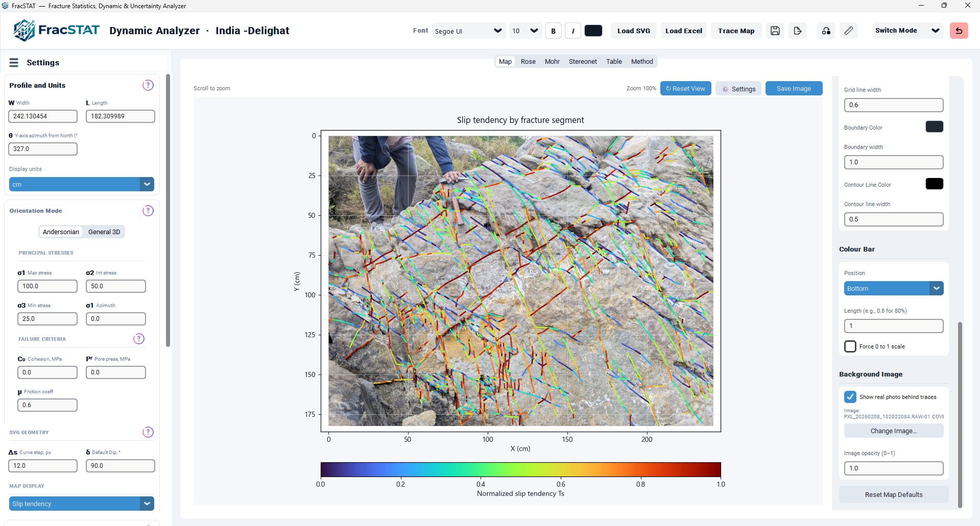 Example Cartesian map with a calibrated background photograph, coloured by normalized Slip Tendency, with a selected segment highlighted