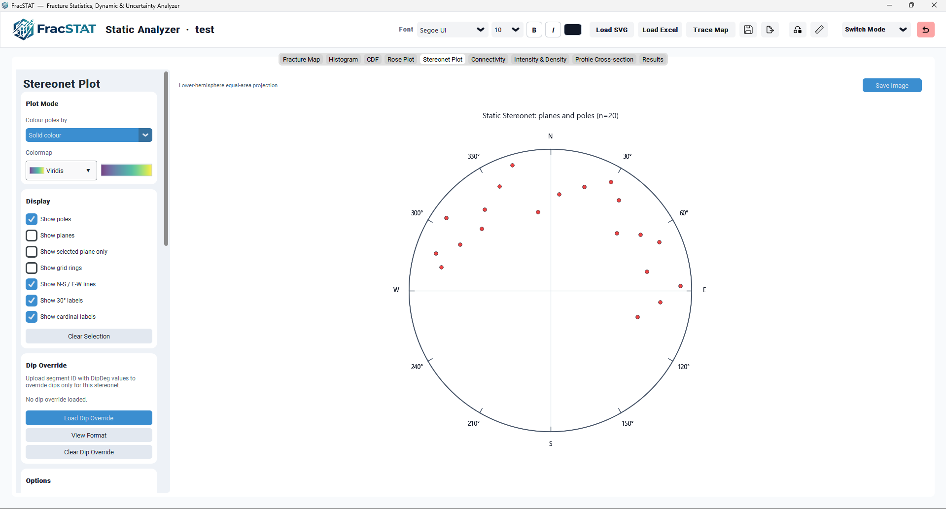 Full view of the Stereonet Plot tab showing the settings sidebar and the equal-area stereonet plot canvas