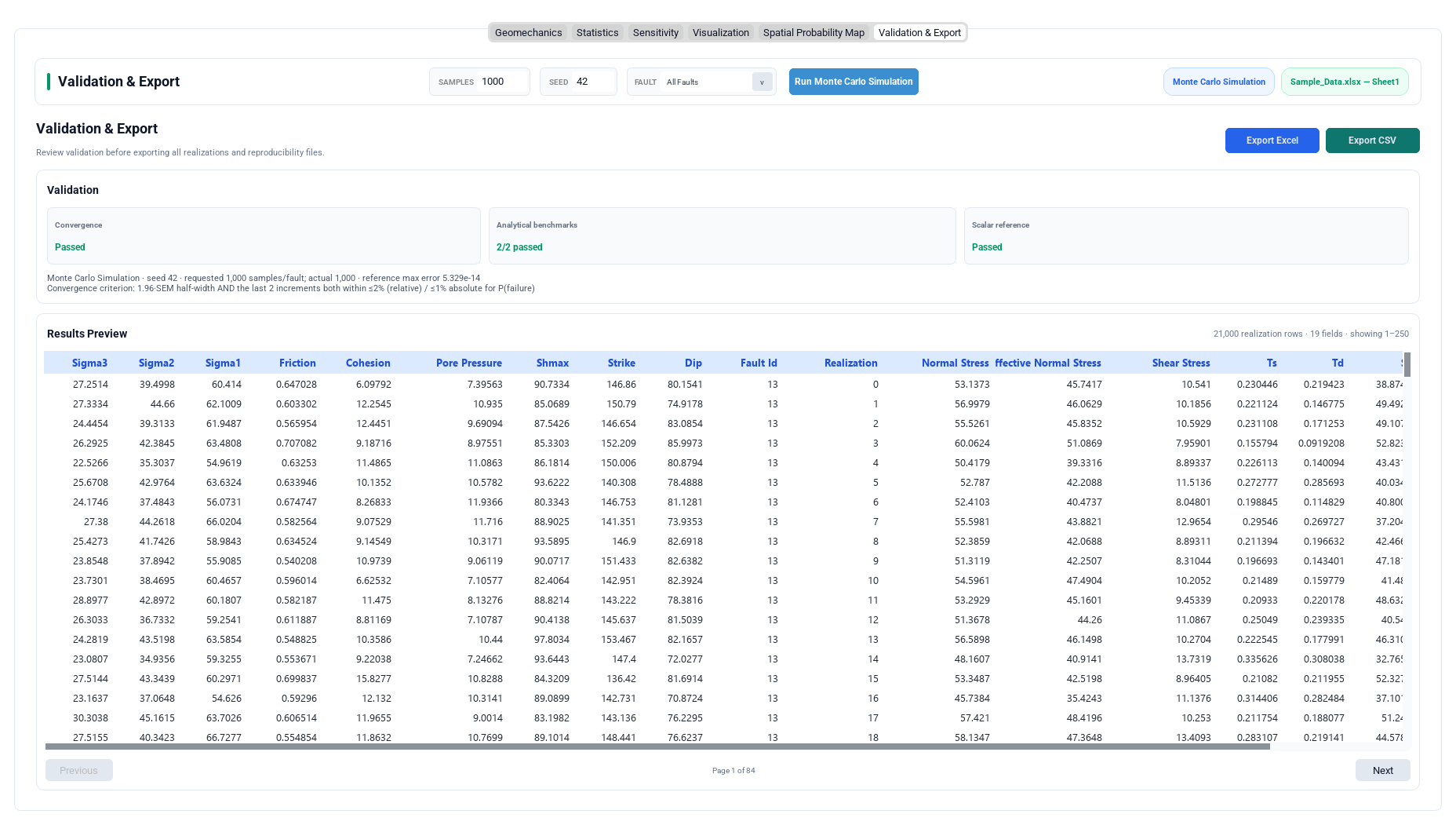 Monte Carlo validation dashboard, convergence status, results preview, and Excel and CSV export controls