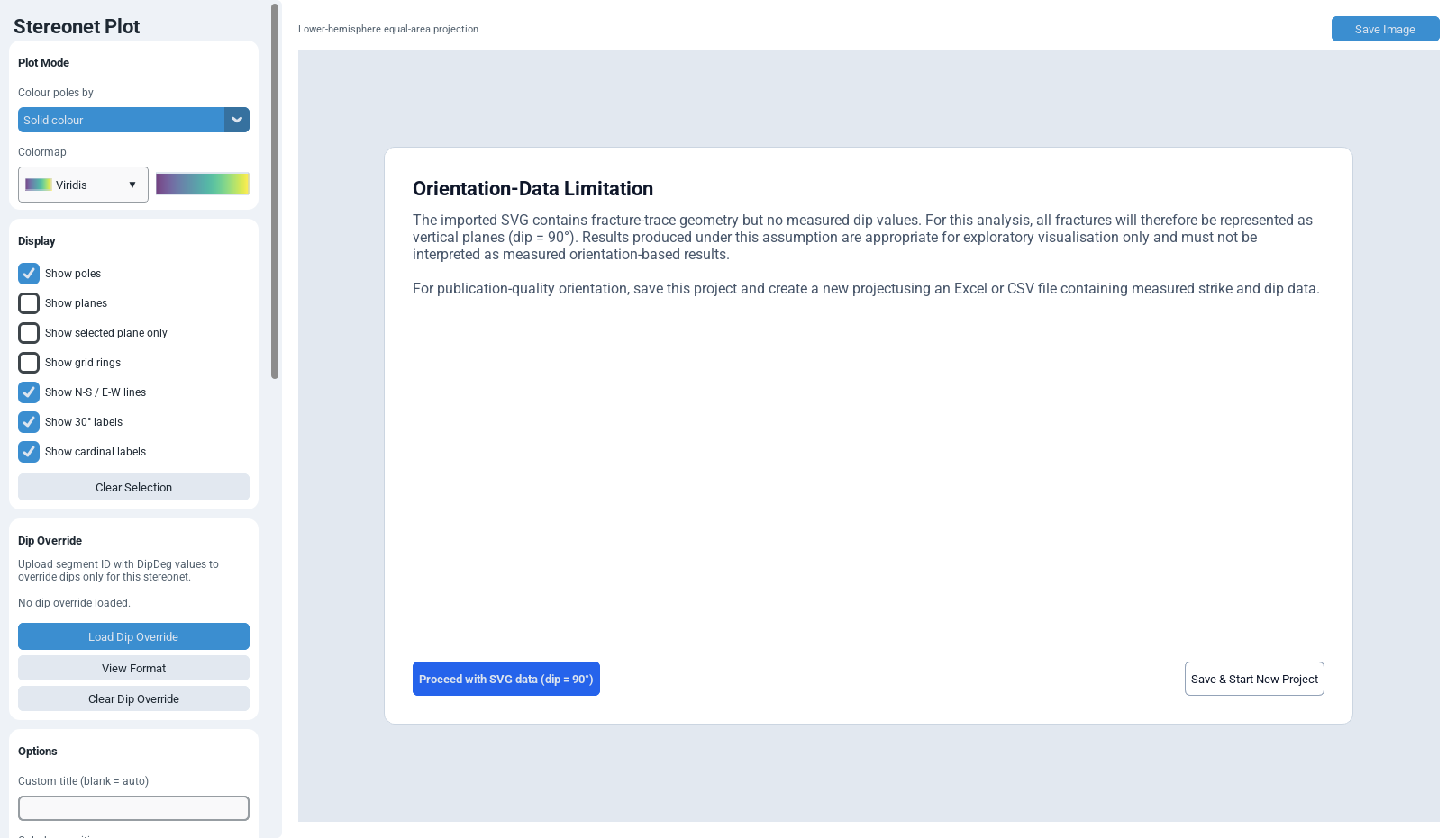 Native Orientation-Data Limitation warning explaining that SVG traces lack measured dip values