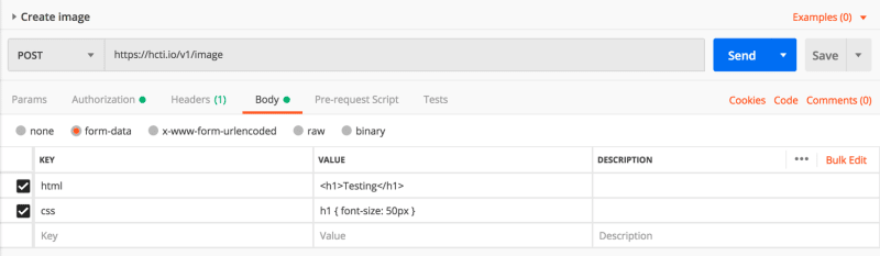 Creating an image with postman and the html/css to image API