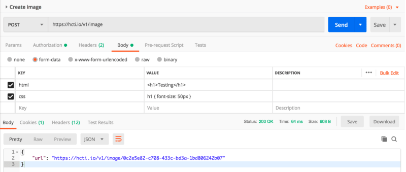 Using postman with the html/css to image API