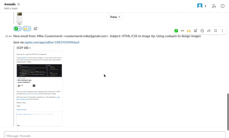 Working example of an email being posted into slack with a screenshot