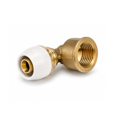 Brass female thread elbow plumbing fitting with white plastic compression end on a white background