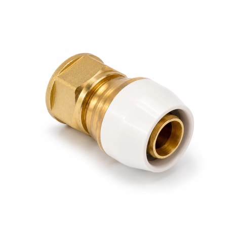 Brass female thread coupling with white plastic sleeve on a white background