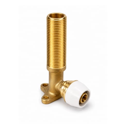 Brass lugged elbow plumbing fitting with threaded extension and white plastic compression end on a white background