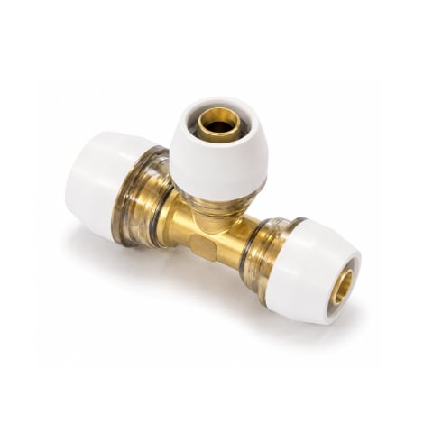 Brass reducing tee plumbing fitting with three white plastic compression ends on a white background