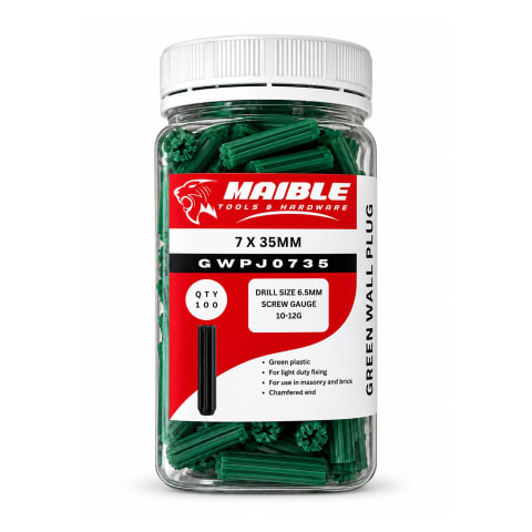 Maible 7 x 35mm green wall plugs in a clear 100-piece container with a white lid, displayed on a white background