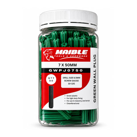 Maible 7 x 50mm green wall plugs in a clear 80-piece container with a white lid, displayed on a white background