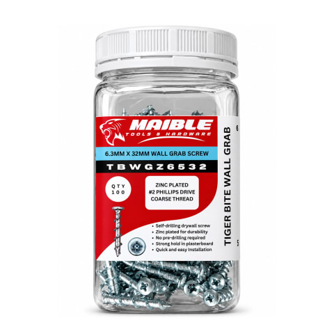 Maible 6.3mm x 32mm zinc-plated wall grab screws in a clear 100-piece jar