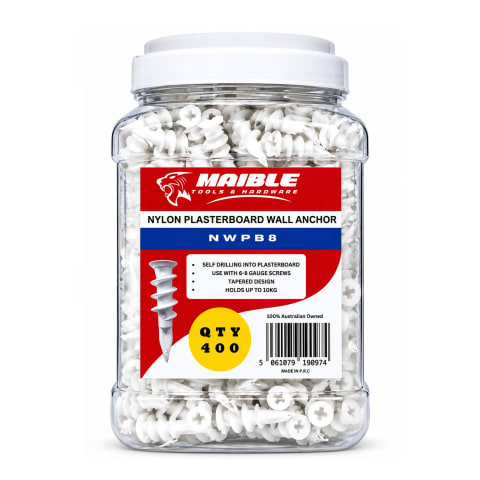 Clear jar of Maible white nylon plasterboard wall anchors, quantity 400, with a white lid and red, blue and white product label on a white background