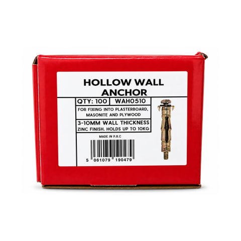 Red box of 100 zinc-finished hollow wall anchors for 3–10mm plasterboard, masonite and plywood