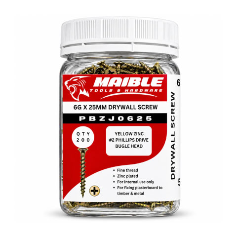 Maible 6G x 25mm yellow zinc drywall screws in a clear 200-piece jar with a white lid, displayed on a white background