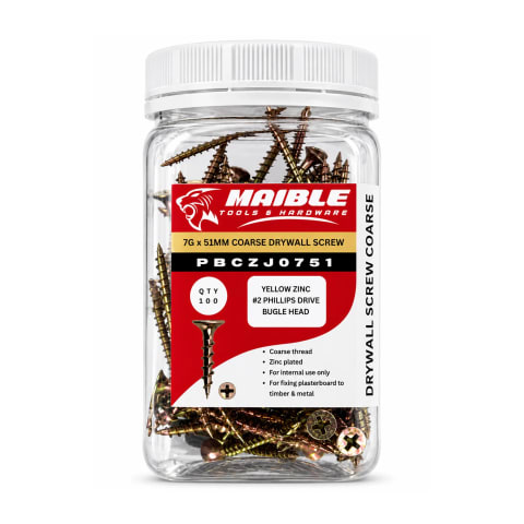 Maible PBCZJ0751 jar containing 100 yellow zinc-plated 7G x 51mm coarse-thread drywall screws on a white background