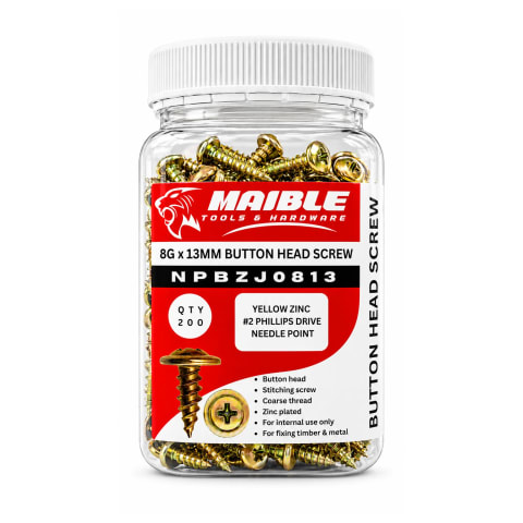Clear jar of Maible 8G x 13mm yellow-zinc button head screws with a white lid and red product label, displayed on a white background with a soft shadow