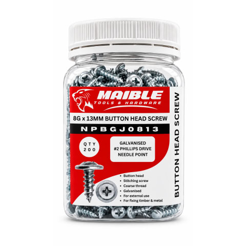 Clear jar of Maible 8G x 13mm galvanised button head screws with a white lid and red product label, displayed on a white background with a soft shadow