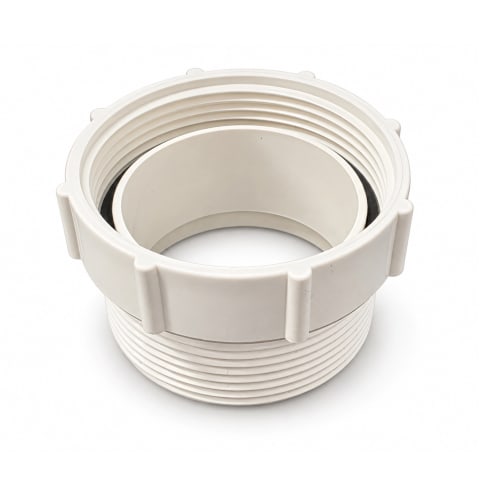 White threaded plastic plumbing adapter with a ribbed grip collar, internal sleeve and black sealing ring on a white background