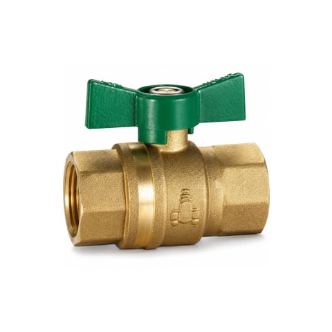 20mm female-to-female dual approved brass ball valve with a green butterfly handle, isolated on a white background.