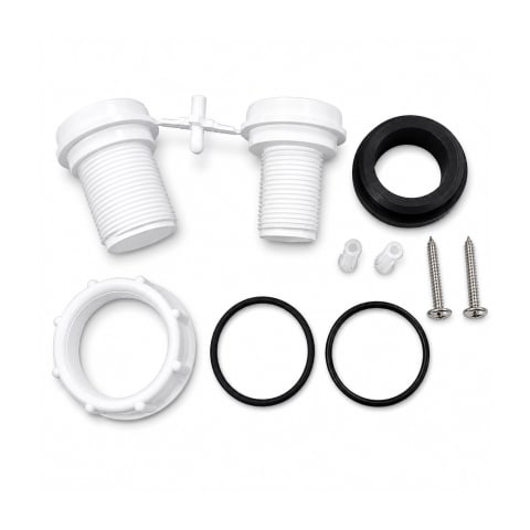 Toilet cistern flush valve repair kit with threaded plastic fittings, locking nut, rubber gasket, O-rings, wall plugs, and mounting screws on a white background
