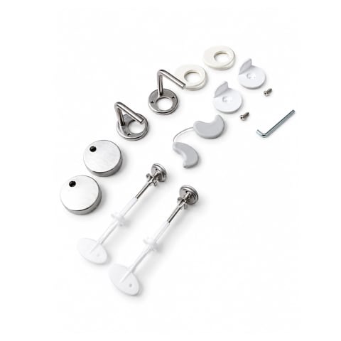 Caroma Caravelle Care Fixing Pack 254107 — toilet seat kit with chrome bolts, stainless hinges, spacers, screws and Allen key.