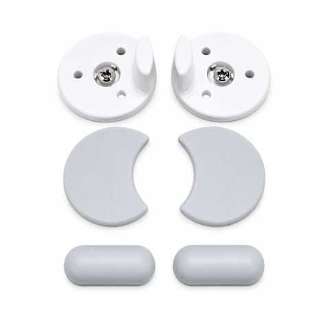 White plastic wall-mount hook set with mounting brackets, cover plates, and bumper caps on a white background.