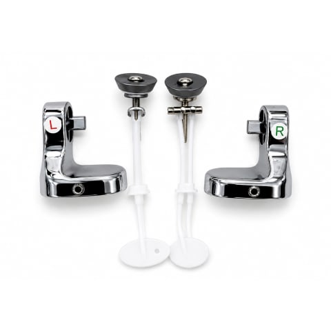 Chrome toilet seat hinge set with left and right brackets, mounting bolts, and fixing hardware on a white background.