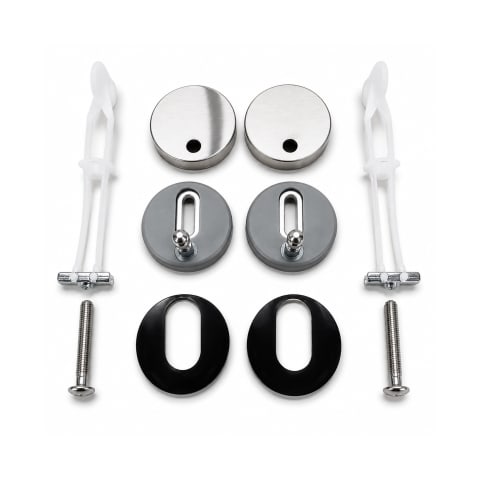 Toilet seat hinge mounting kit with stainless steel covers, adjustable brackets, anchor plugs, washers, and fixing screws on a white background.