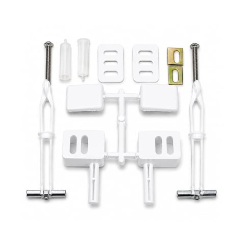 White toilet seat mounting kit with fixing bolts, anchor plugs, adjustment plates, and plastic mounting components on a white background.