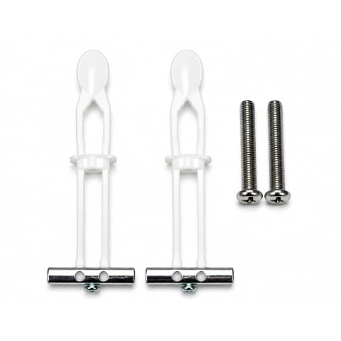 Toilet seat fixing bolt set with two plastic anchor plugs, metal toggle bars, and stainless steel screws on a white background.