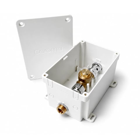 Caroma flush valve rough-in box with integrated brass valve assembly and removable white cover, isolated on a white background