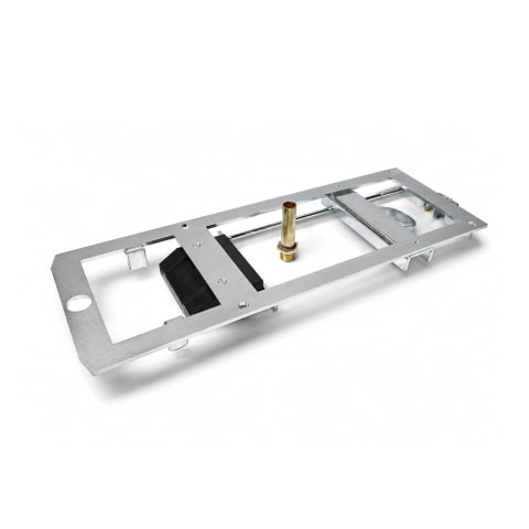 Caroma Integra urinal mounting bracket with galvanised steel frame and brass inlet fitting, isolated on a white background