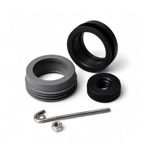 Caroma Integra urinal back inlet fitting kit with rubber seals, threaded connector, stainless steel fixing rod, and nut, isolated on a white background