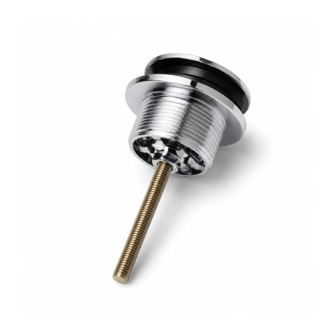 Caroma Integra chrome basin waste kit with threaded waste body, sealing washer, and brass fixing rod, isolated on a white background