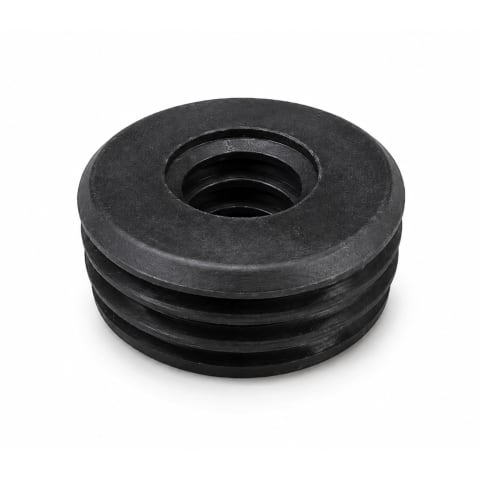 Black threaded rubber insert with external grooves and internal threading on a white background.